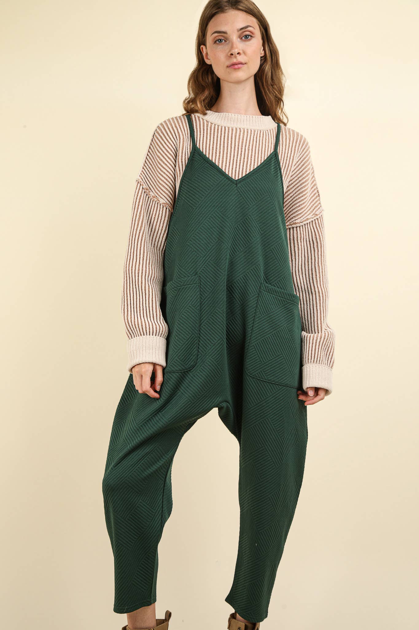 Quilted Loose Fit Casual Baggy Knit Jumpsuit: Olive