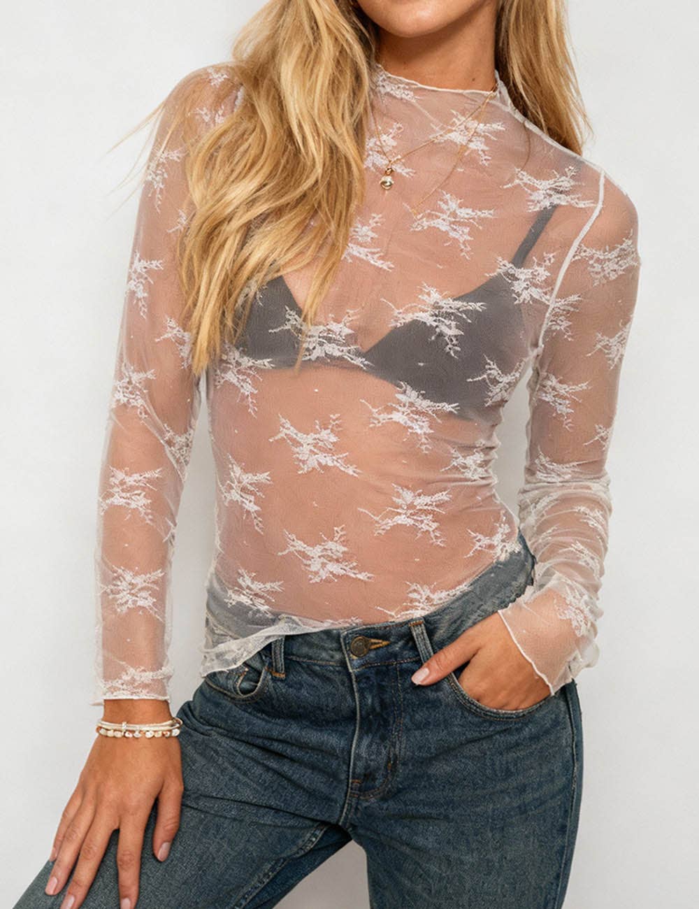 Lux Layering Floral Lace See Through Mesh Top Blouse: White