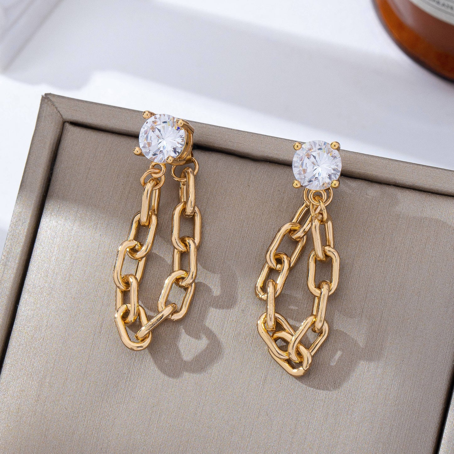 Crystal Stud Drop Link Earrings