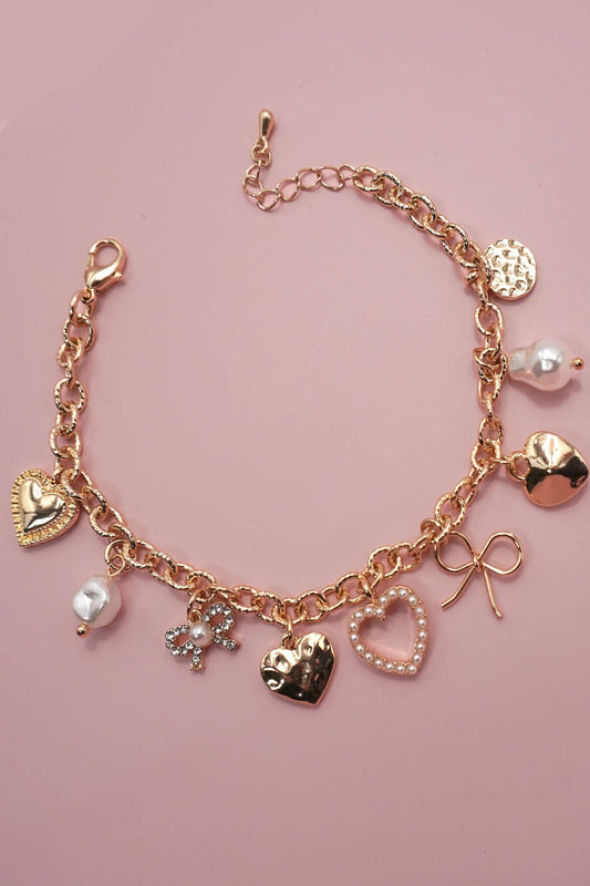 BOW HEART PEARL CHARM BRACELET