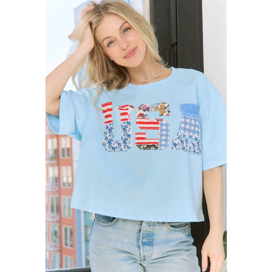 USA Patchwork Crop Tee: Blue Multi