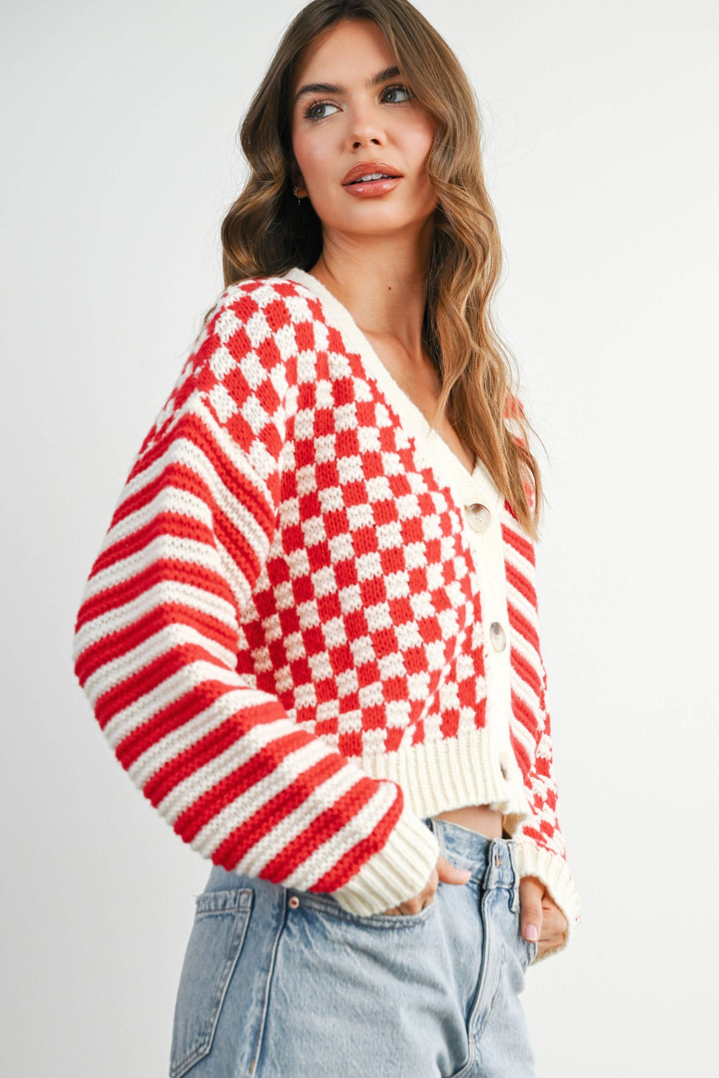 Oversized Button Down Checkered Stripe Cardigan