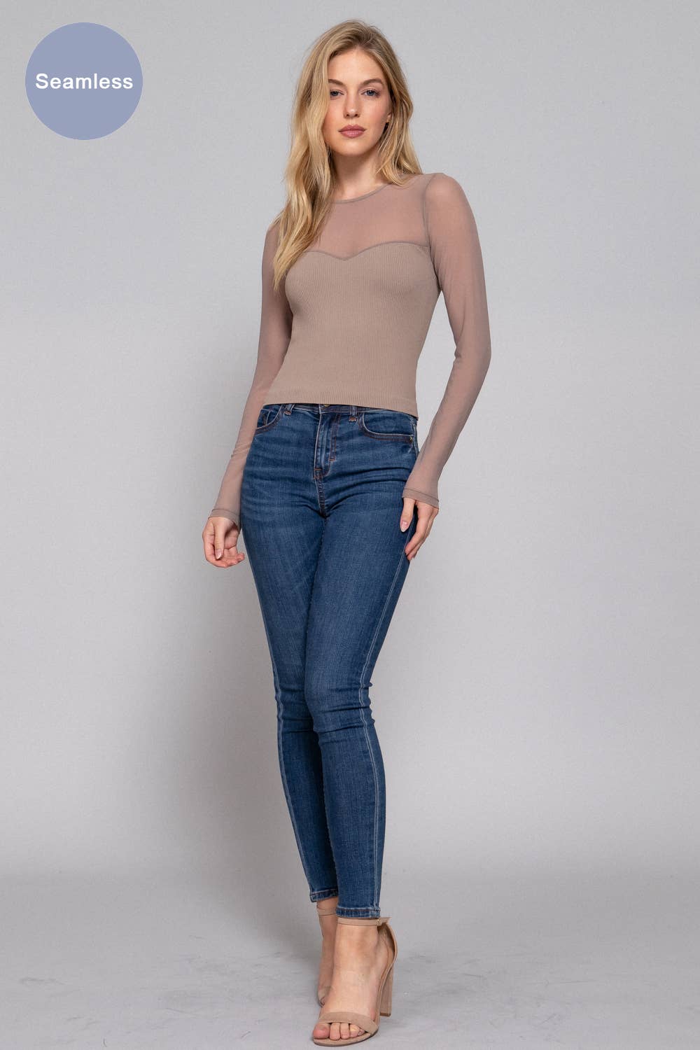 Long Sleeve Round Neck Mesh Combination Seamless Top Beige