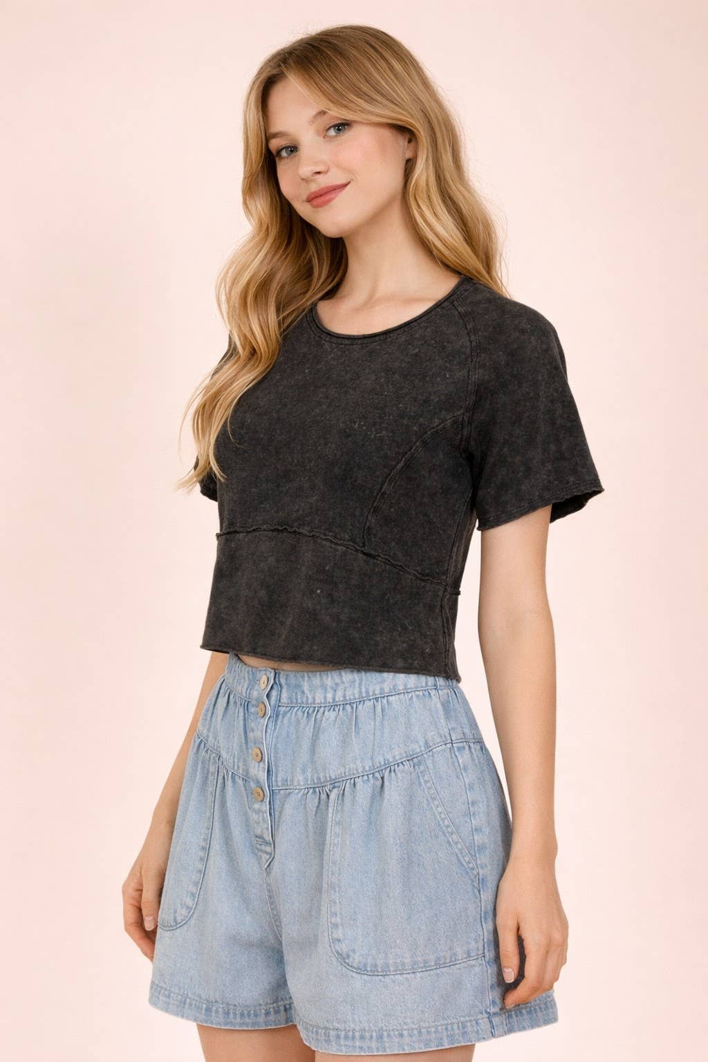 Mineral Washed Knit Fitted Casual Crop Top: BLACK