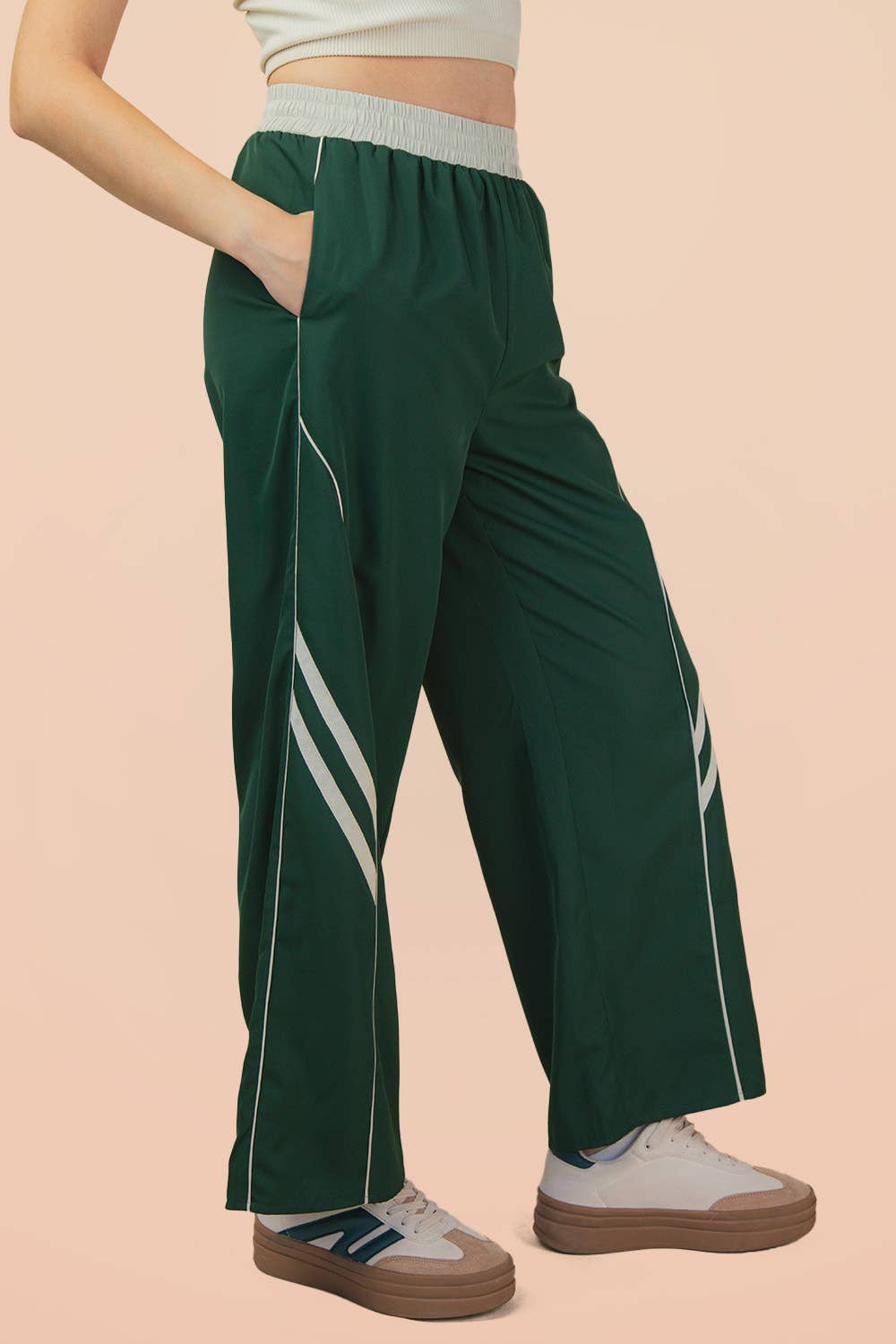 Wide Leg Track Pants W/ Piping Detail: Olive