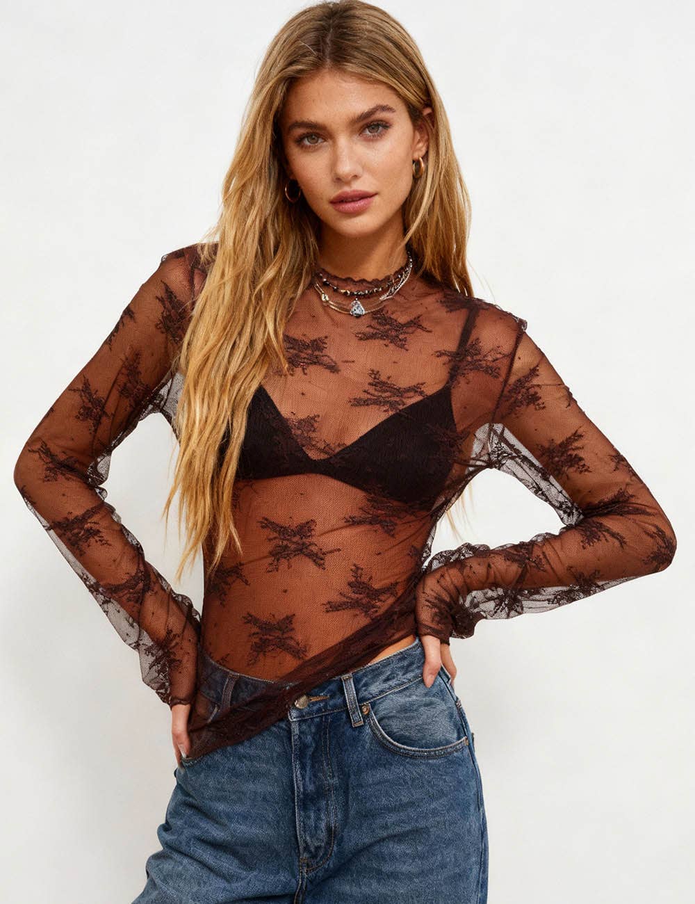 Lux Layering Floral Lace See Through Mesh Top Blouse: White