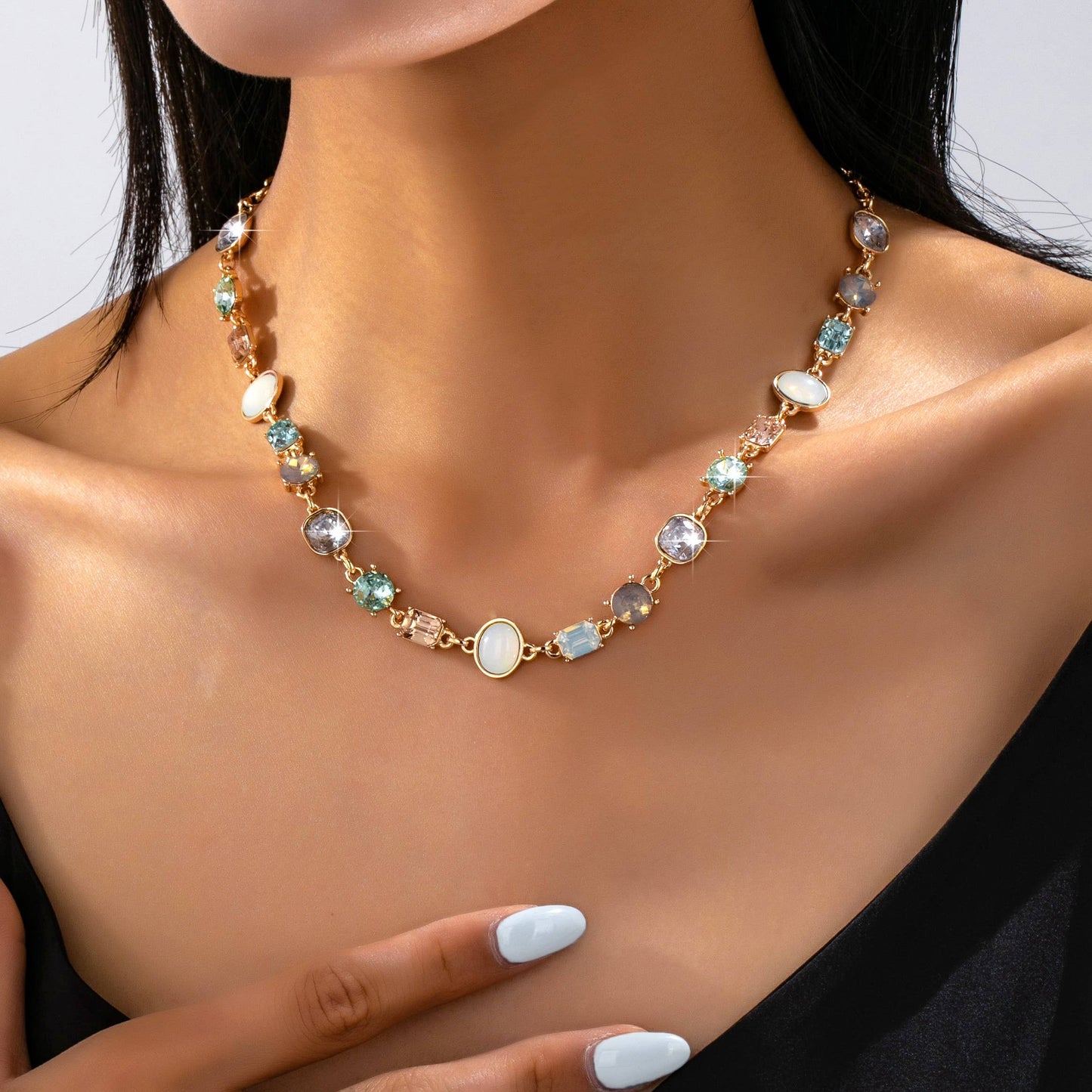 Multi Gemstone Opal Crystal Link Necklace