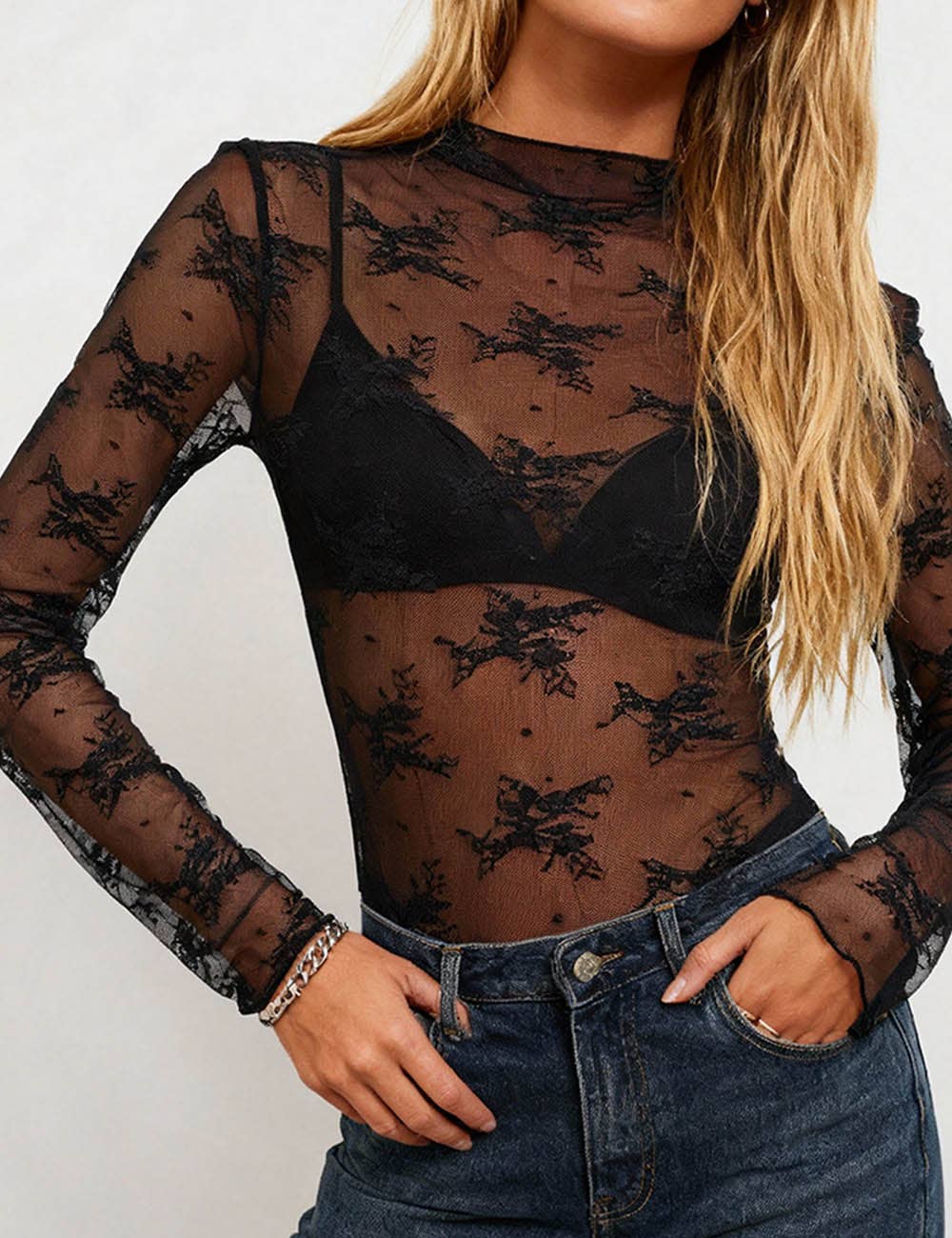 Lux Layering Floral Lace See Through Mesh Top Blouse: Tan