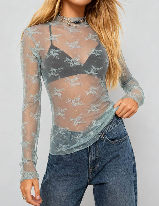 Lux Layering Floral Lace See Through Mesh Top Blouse SKT151: Mint