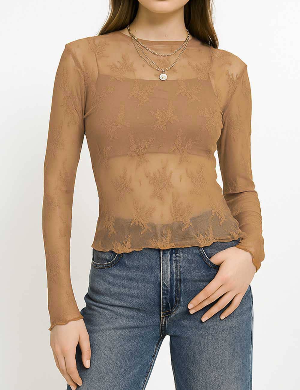 Lux Layering Floral Lace See Through Mesh Top Blouse: Tan