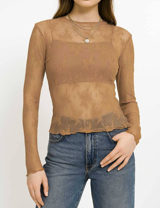 Lux Layering Floral Lace See Through Mesh Top Blouse: Tan