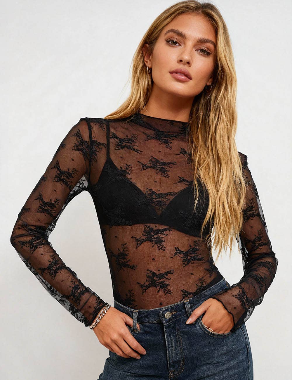 Lux Layering Floral Lace See Through Mesh Top Blouse: White