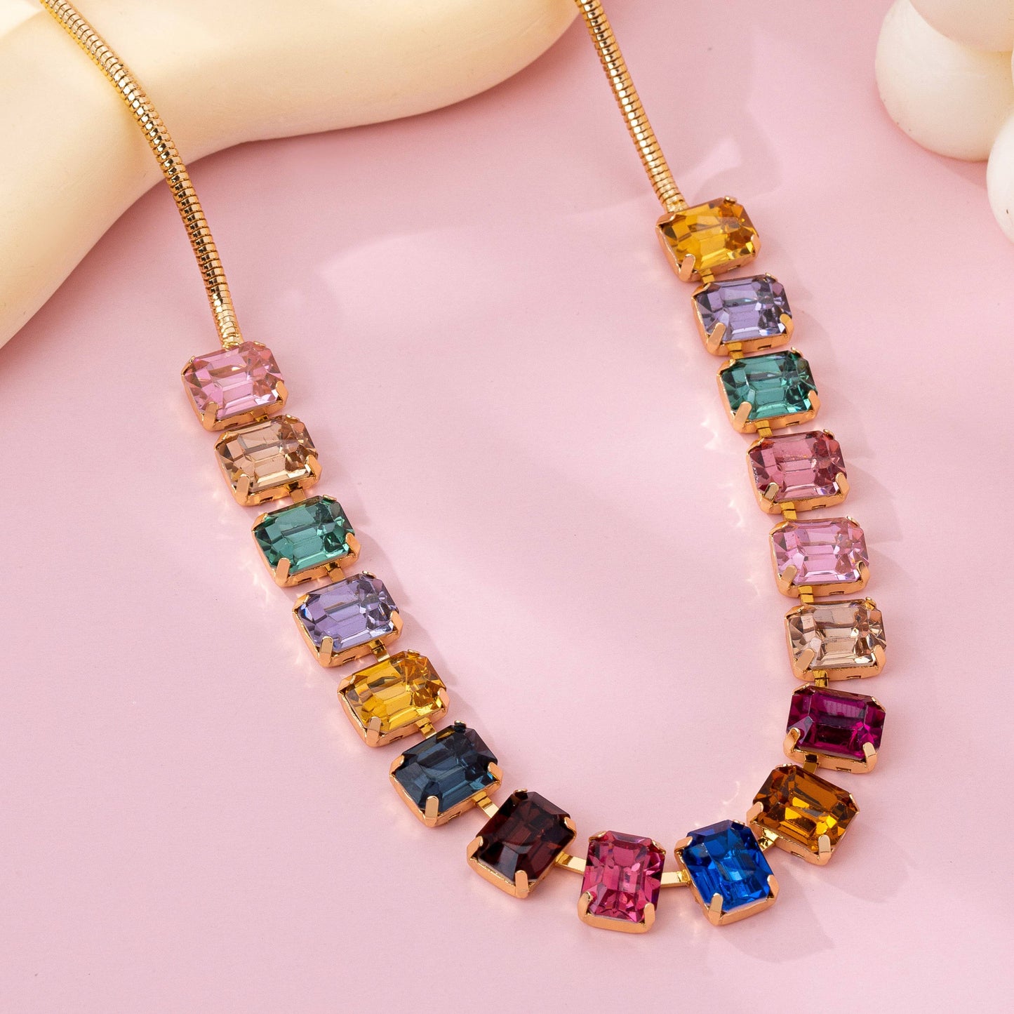 Rainbow Emerald-Cut Gemstone Statement Necklace | Gold