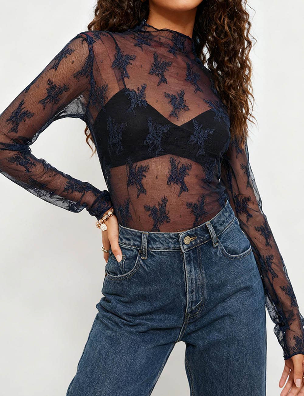 Lux Layering Floral Lace See Through Mesh Top Blouse: White
