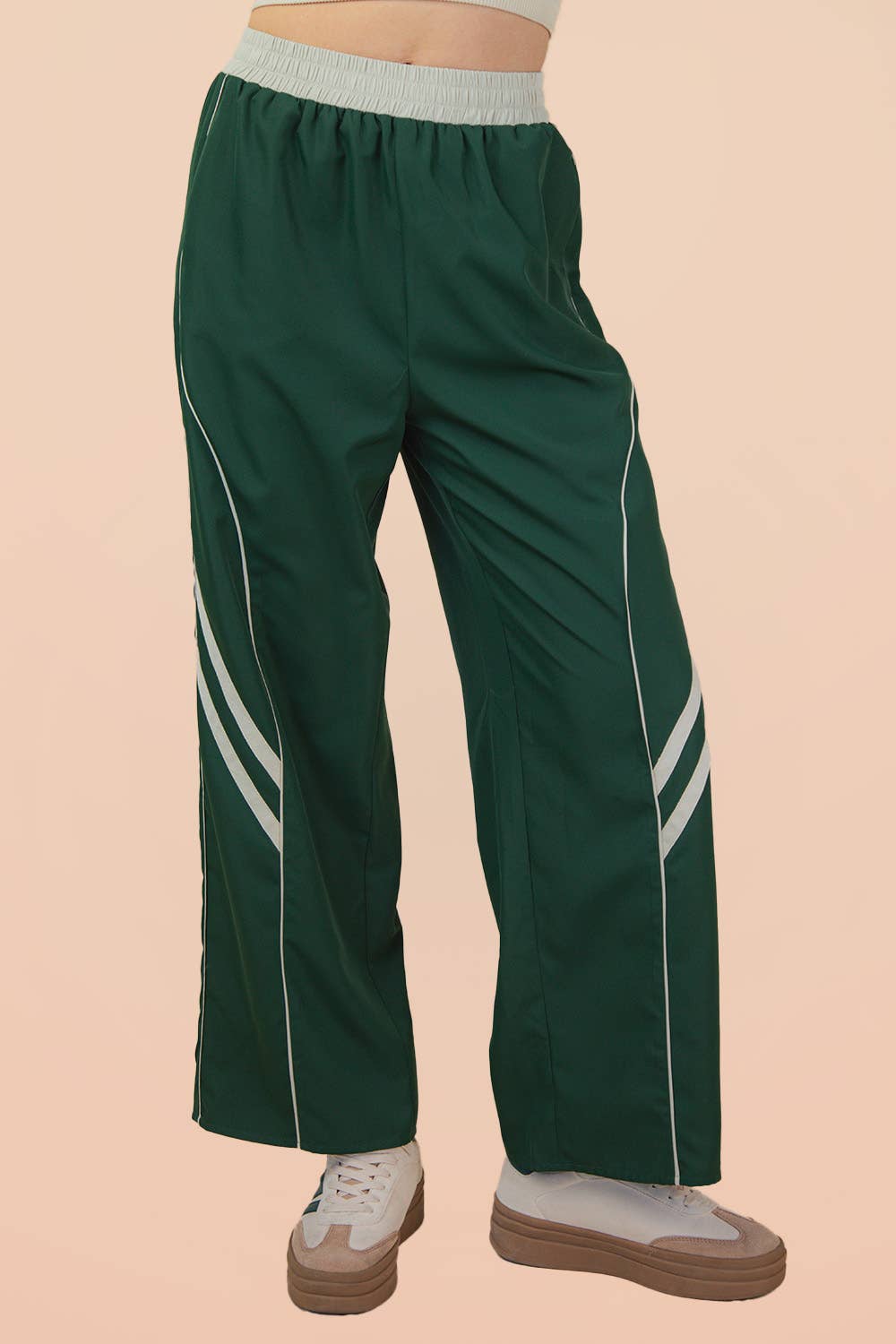 Wide Leg Track Pants W/ Piping Detail: Olive