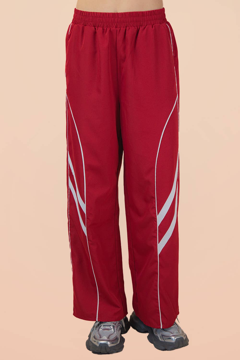 Red Wide Leg Track Pants W/ Piping Detail