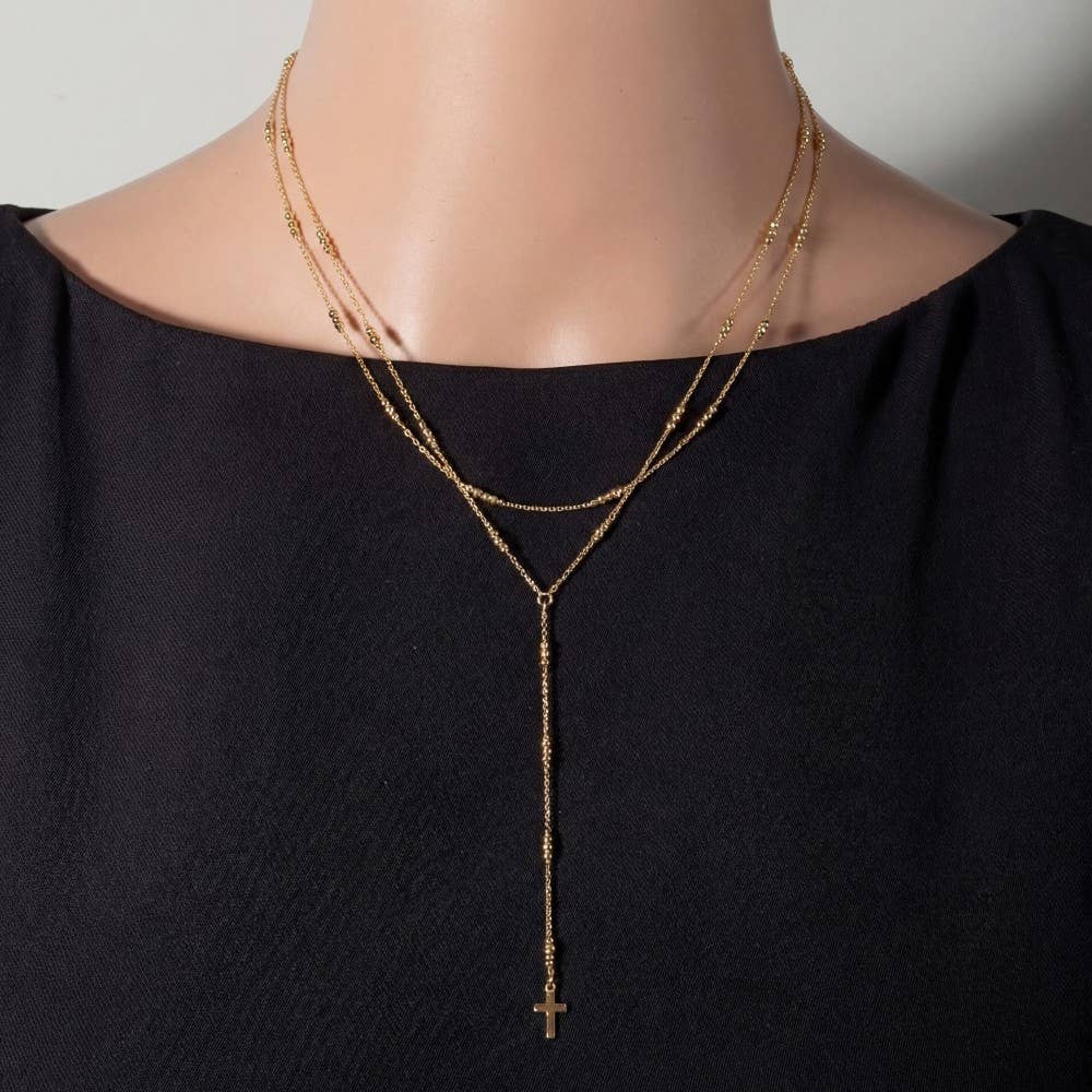 Dainty Layered Silver Mini Cross Pendant Y Necklace