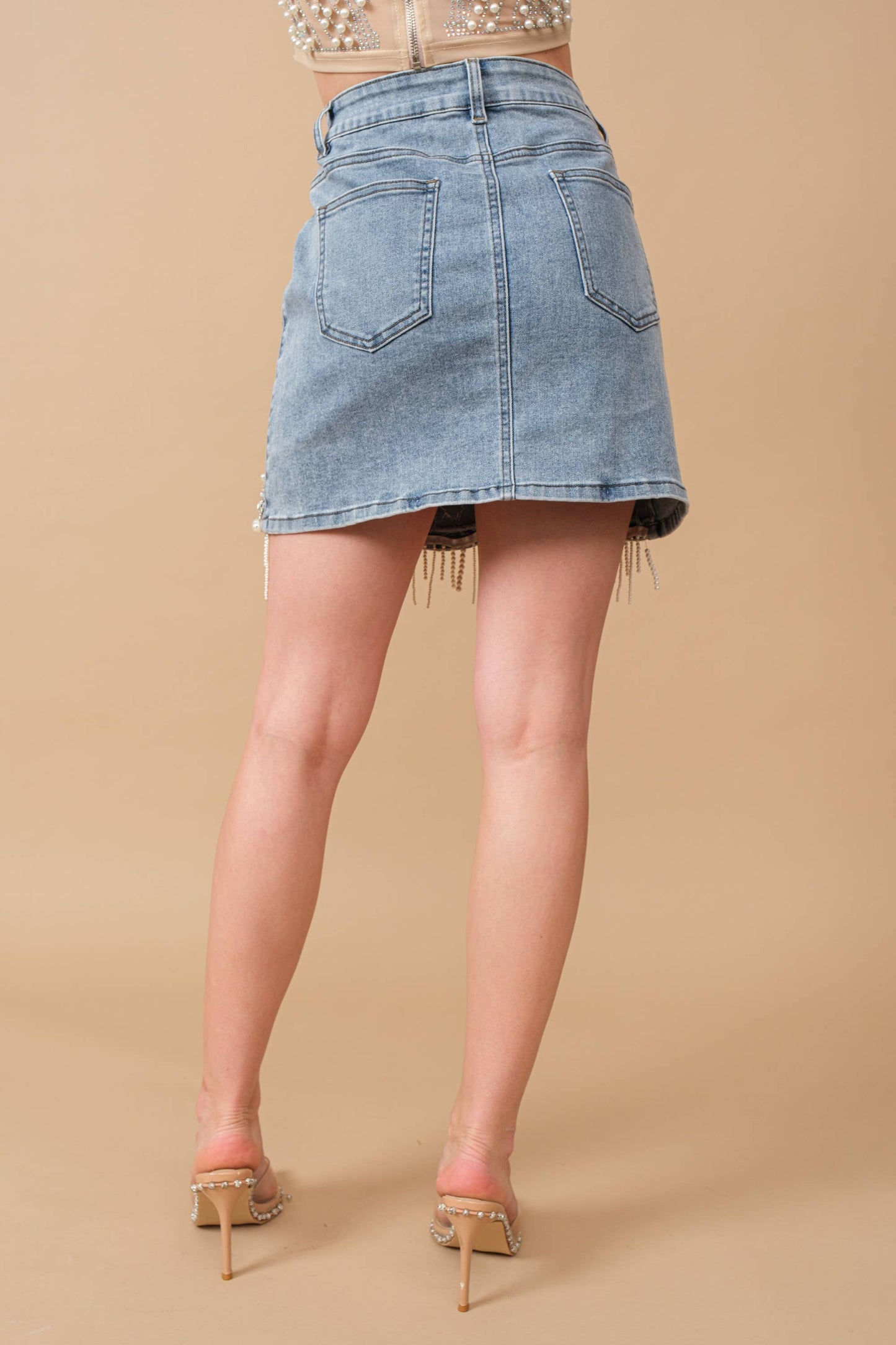 Denim Embellished Fringe Mini Skirt