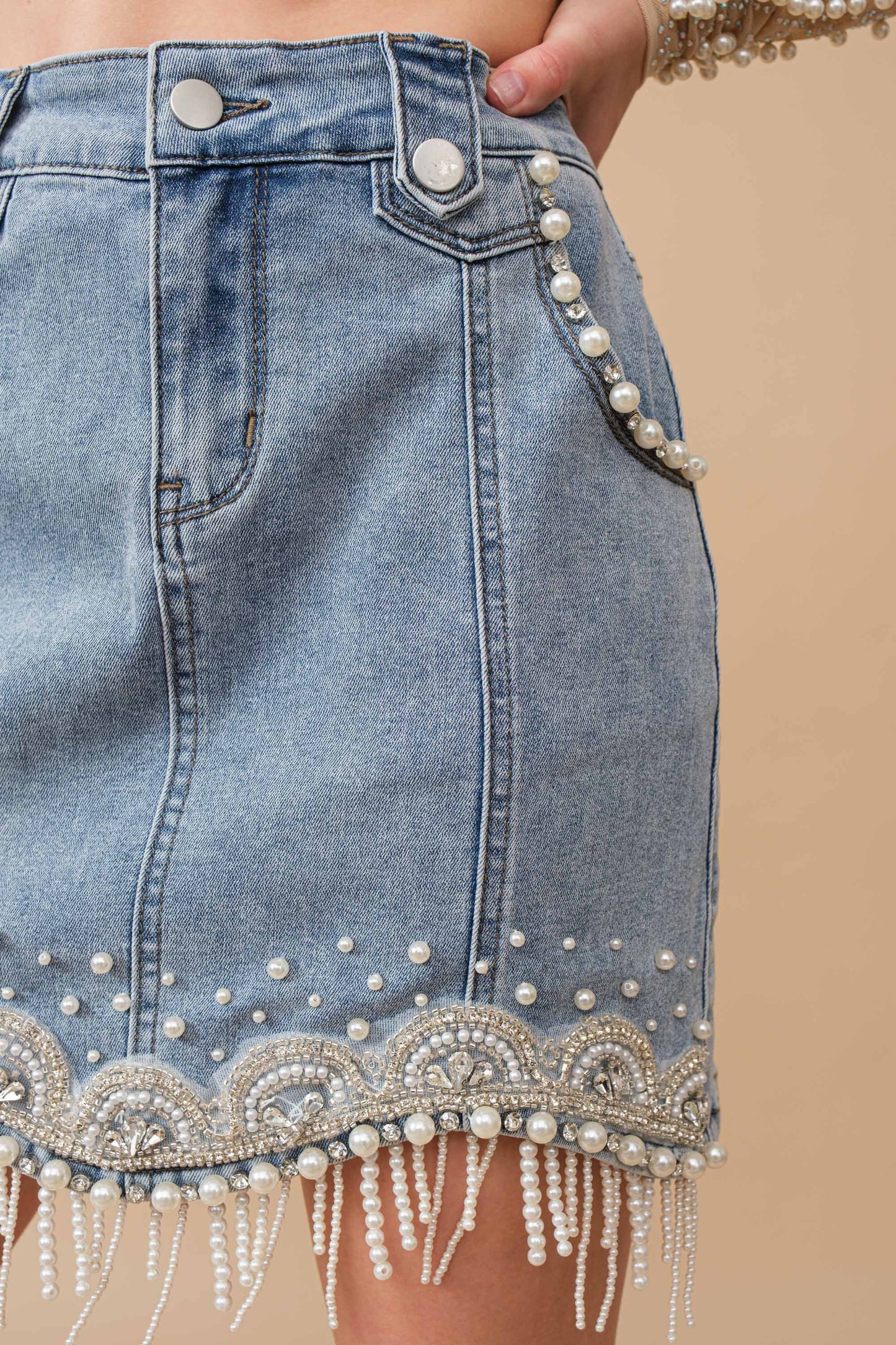 Denim Embellished Fringe Mini Skirt
