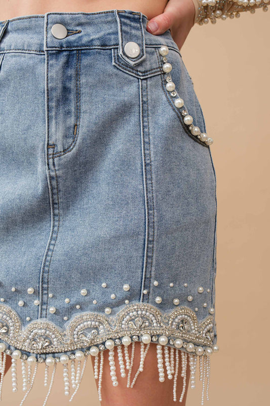 Denim Embellished Fringe Mini Skirt