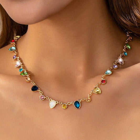 Rainbow Teardrop Gemstone Charm Necklace |  Gold