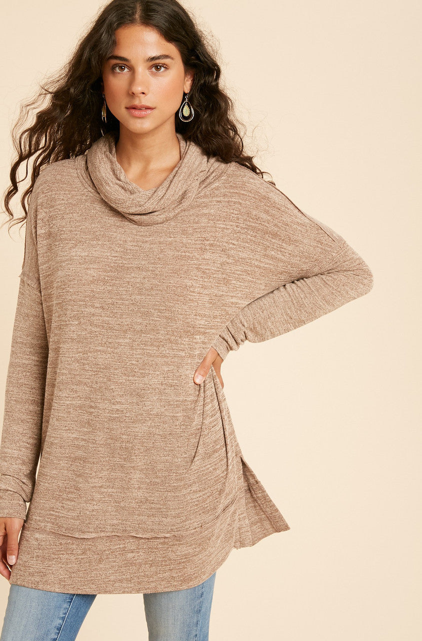 Mocha Cowl Neck Top with Slits