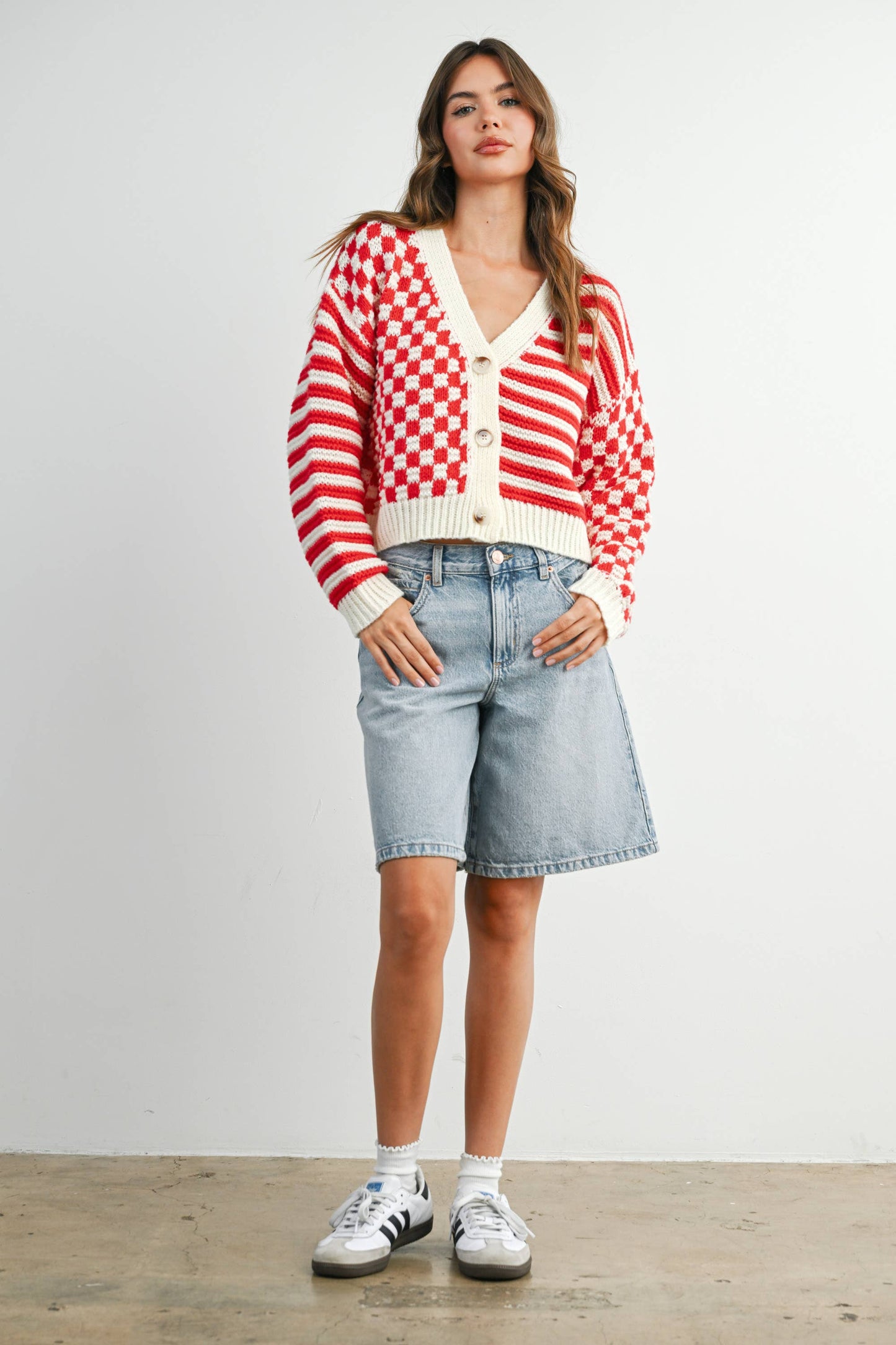 Oversized Button Down Checkered Stripe Cardigan