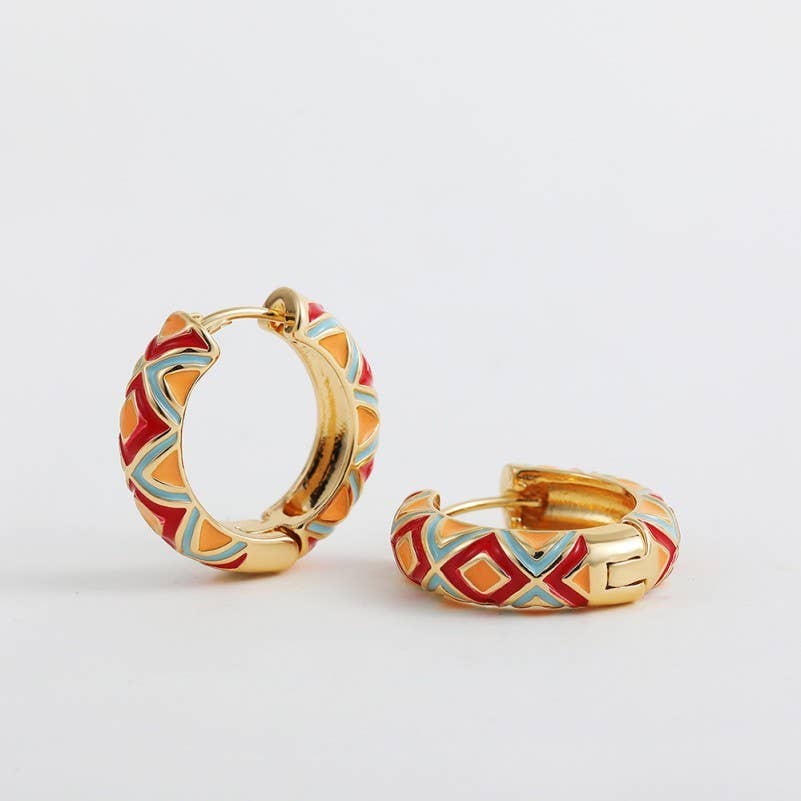 VINTAGE CLOISONNE AZTEC HUGGIE HOOP EARRINGS
