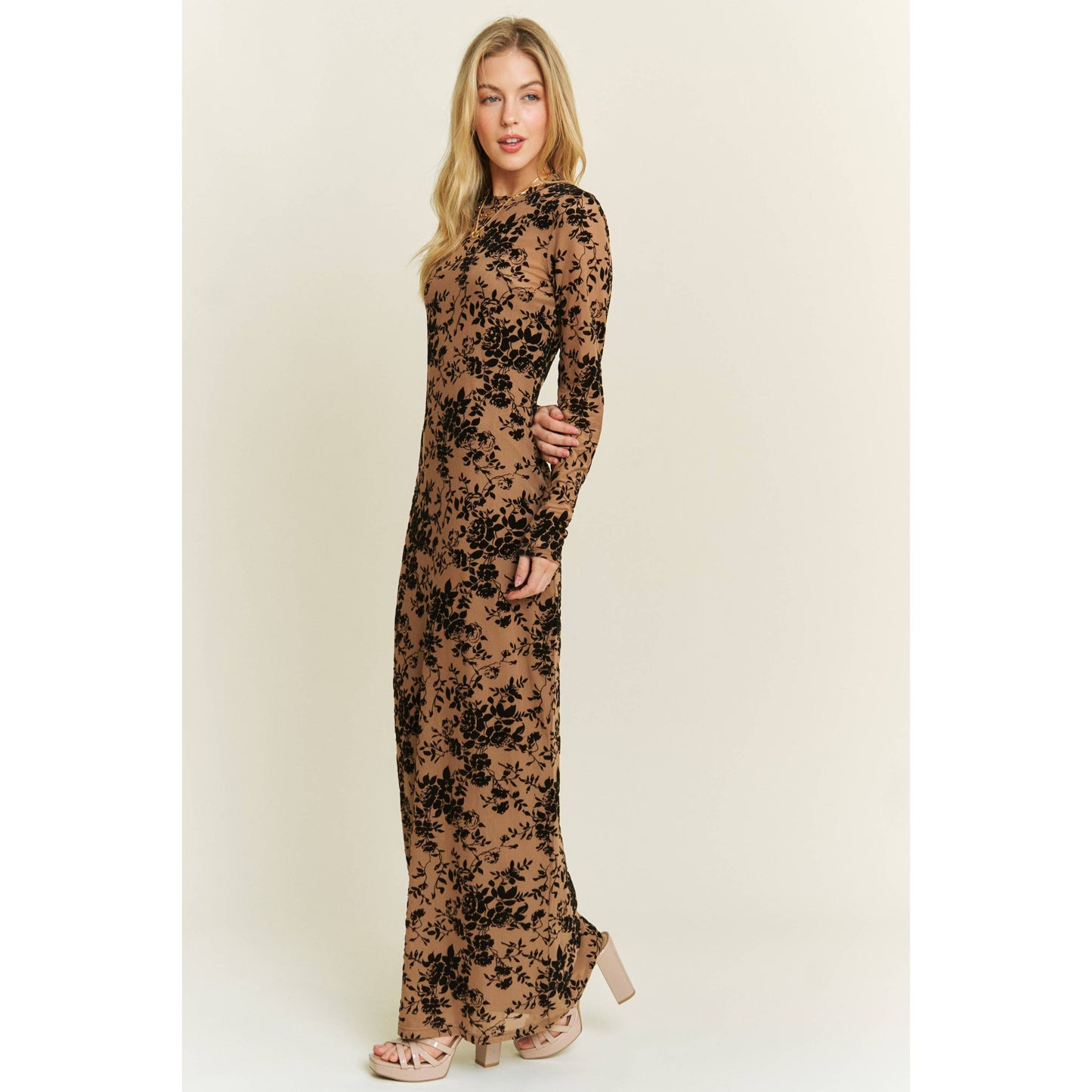 Velvet Floral Maxi Dress: Mocha Multi