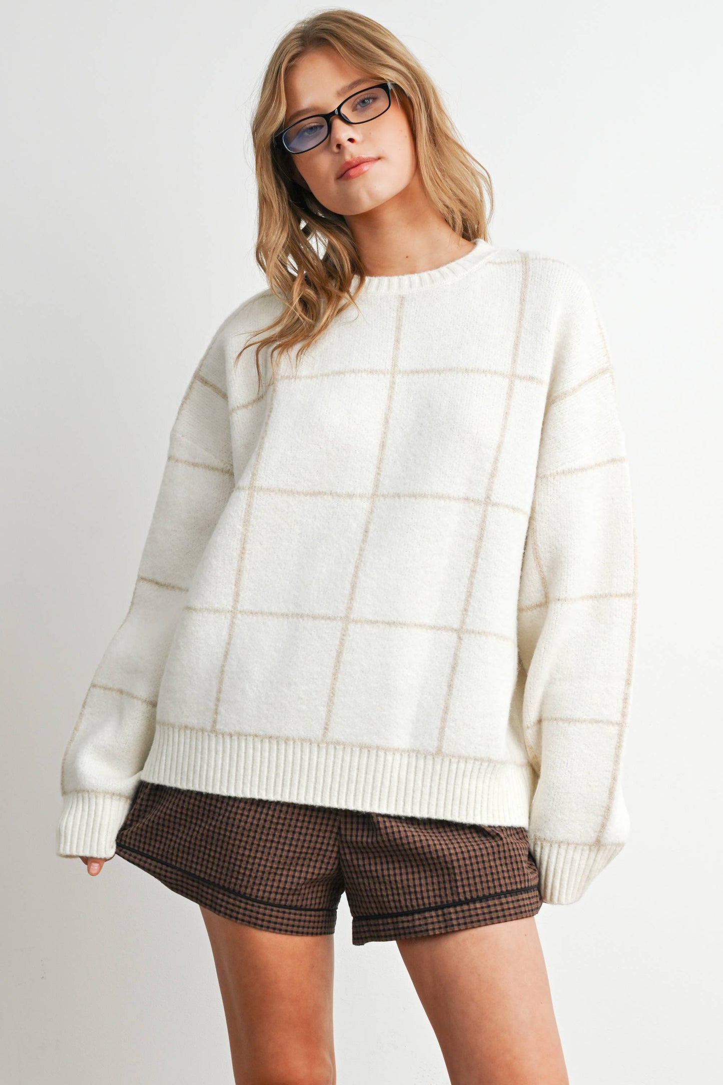 Checkered Crew Neck Knit Sweater