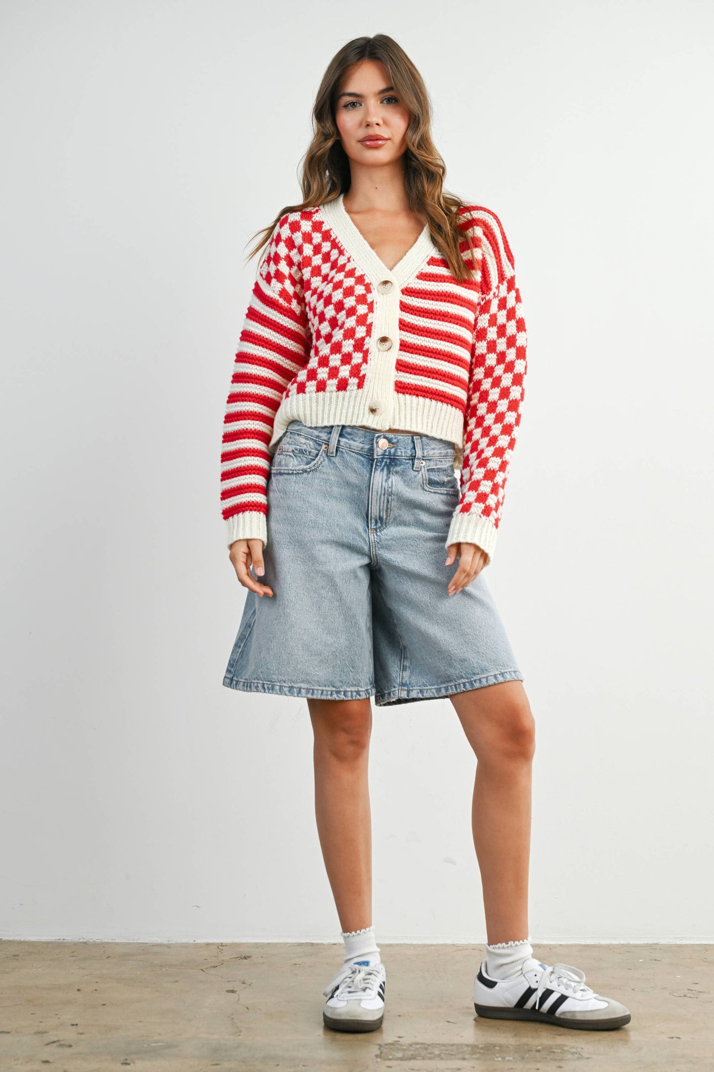 Oversized Button Down Checkered Stripe Cardigan