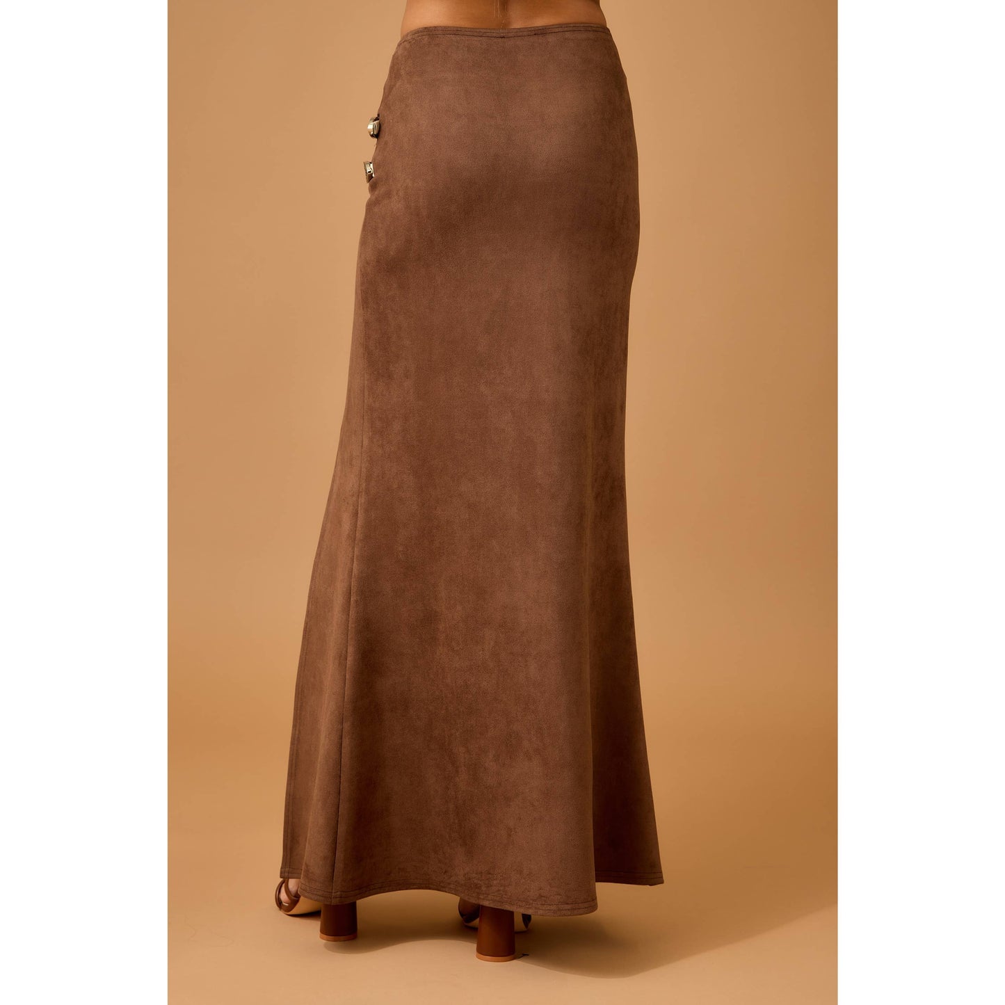 Western Faux Suede Maxi Skirt with High Slit