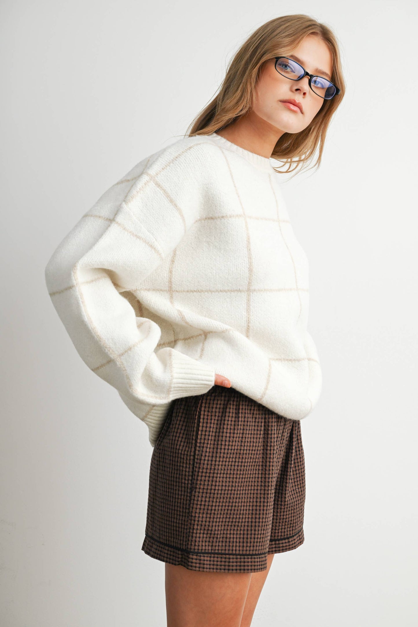 Checkered Crew Neck Knit Sweater