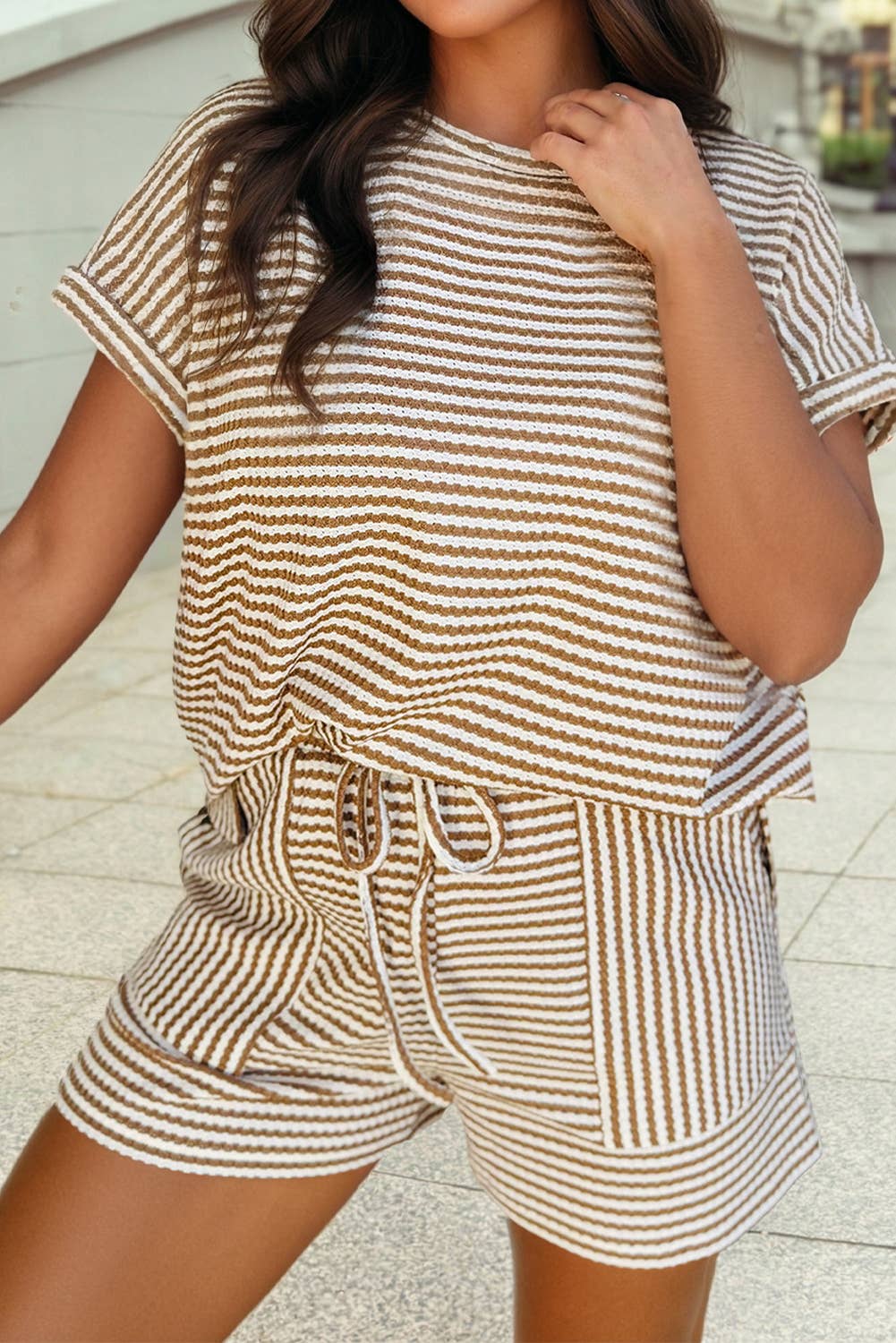 Striped Textured Knit Top and Short 2pc Set