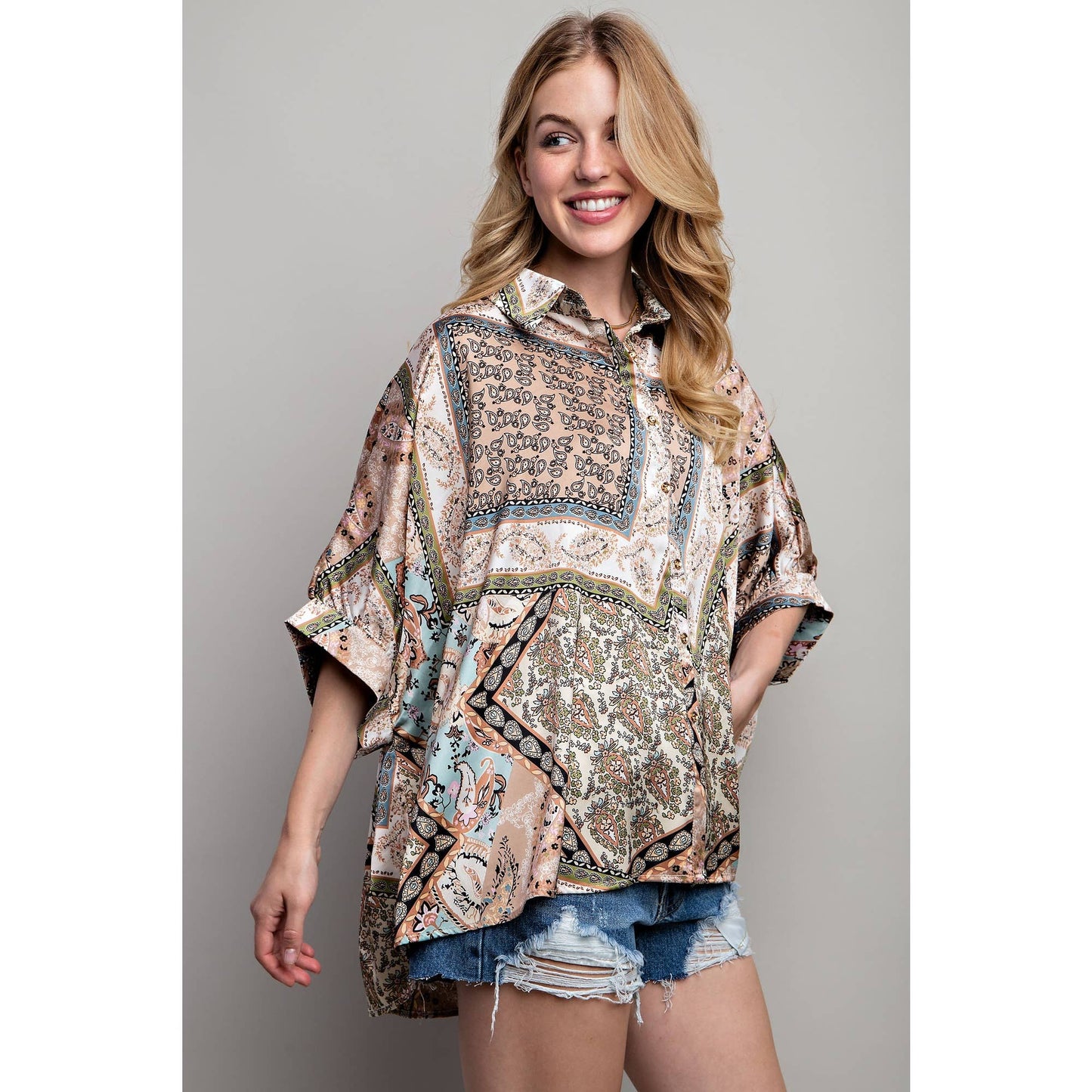 Satin Print Button Down Shirt: Mocha