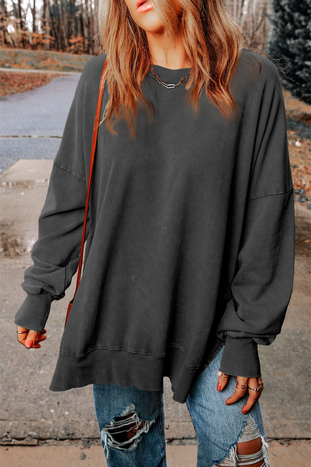 Black Drop Shoulder Ribbed Trim Oversized Sweater