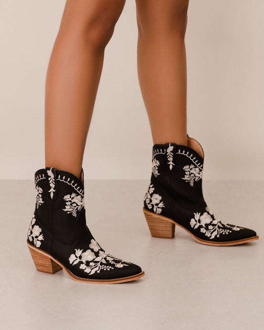 Black Floral Stitched Ankle Boot
