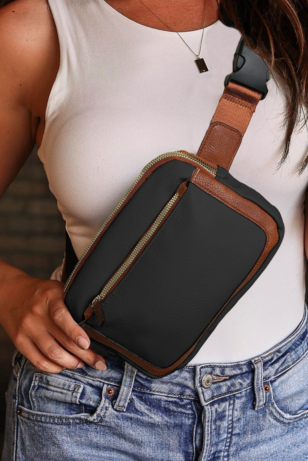 Black/Brown Faux Leather Belt Bag