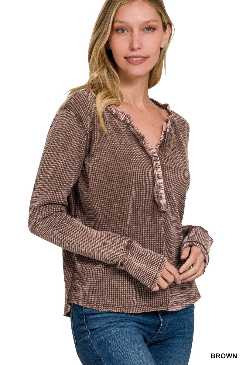 Brown Washed Henley Long Sleeve Top