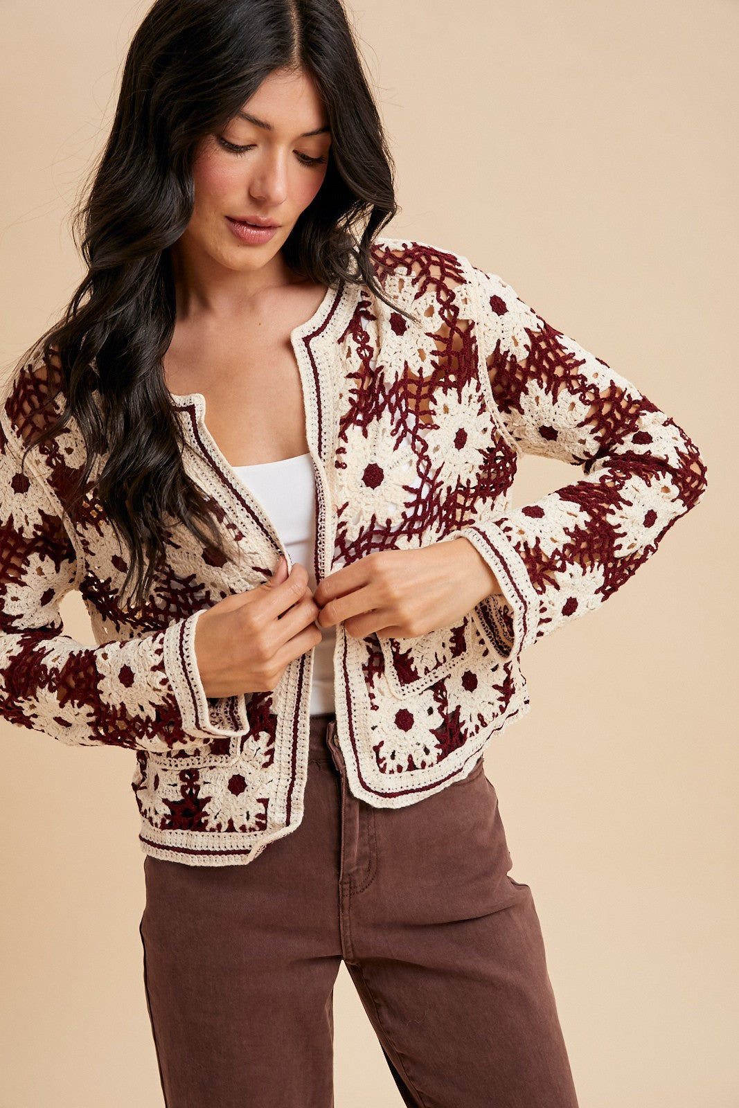Burgundy Daisy Crochet Open Front Cropped Cardigan