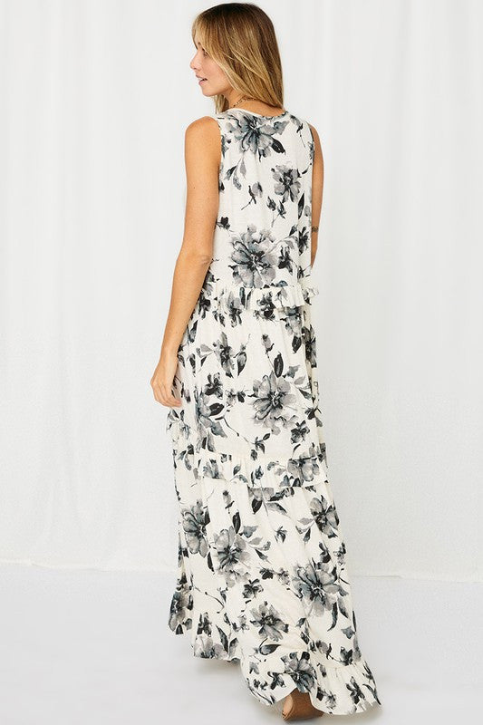 Cream and Gray Floral Tiered Maxi Dress