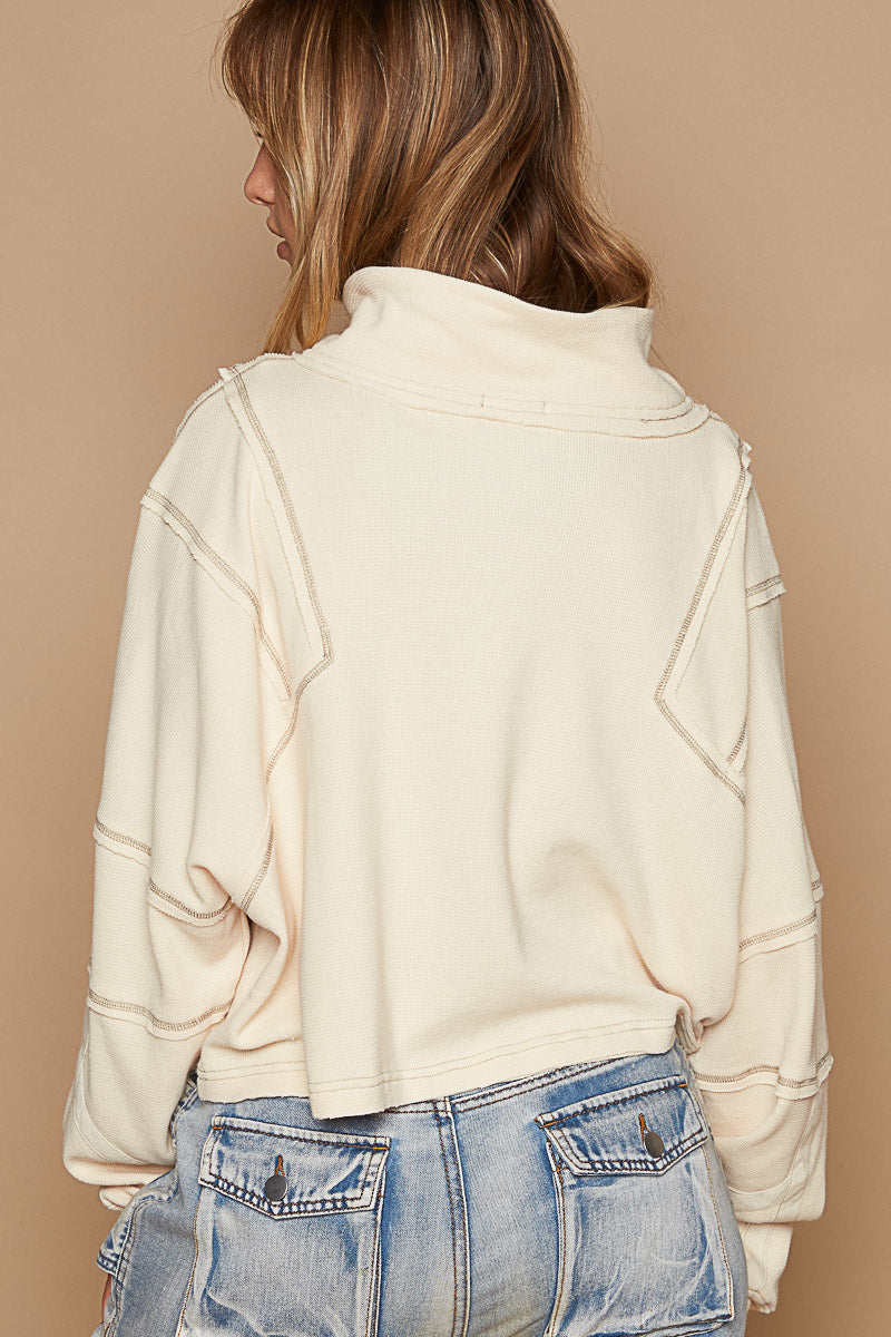 Cream Detailed Cropped Half Zip