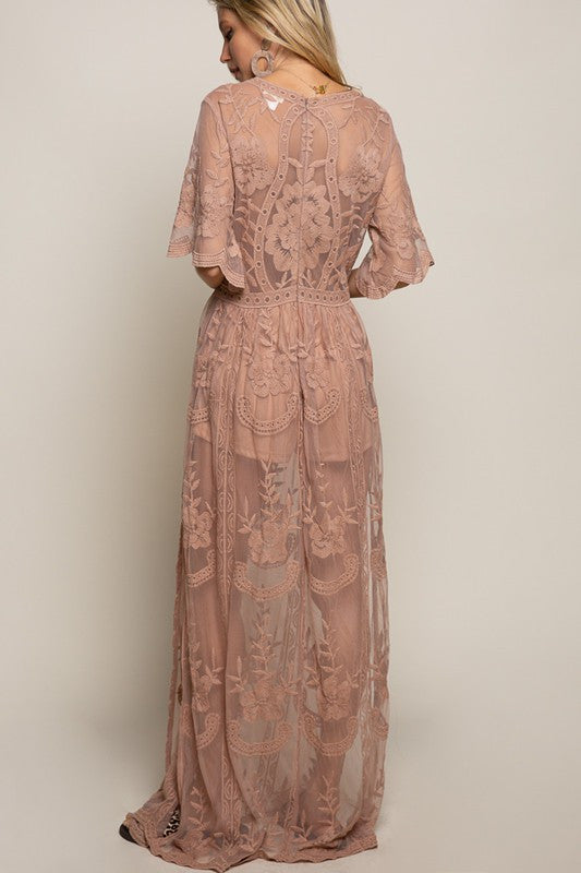 Crochet Detail Mauve Lace Dress