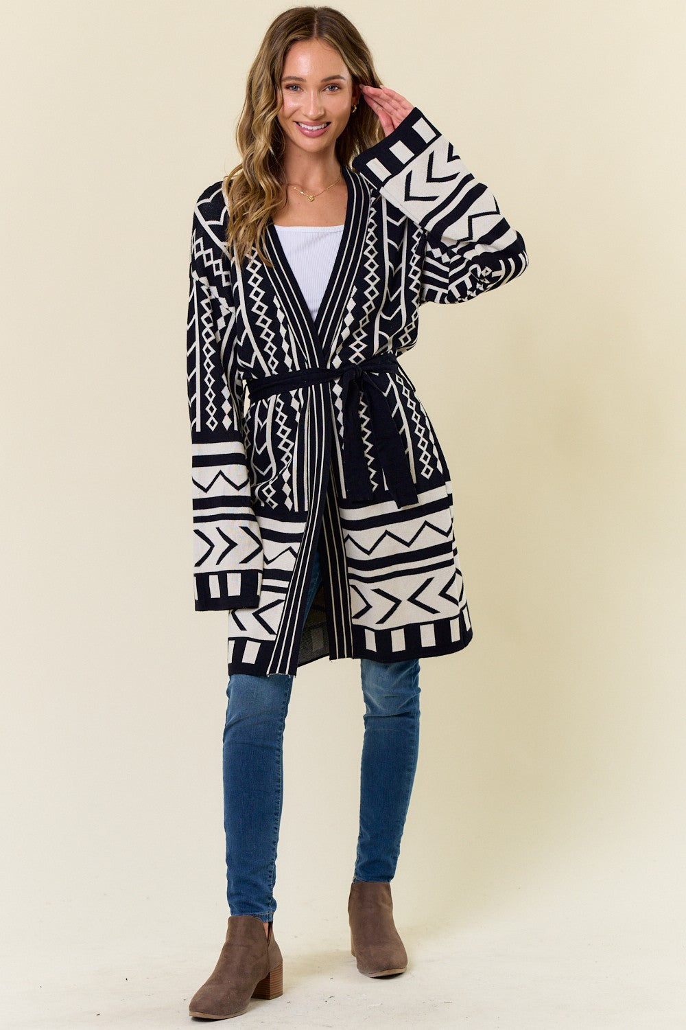 Black Double Knit Aztec Belted Cardigan