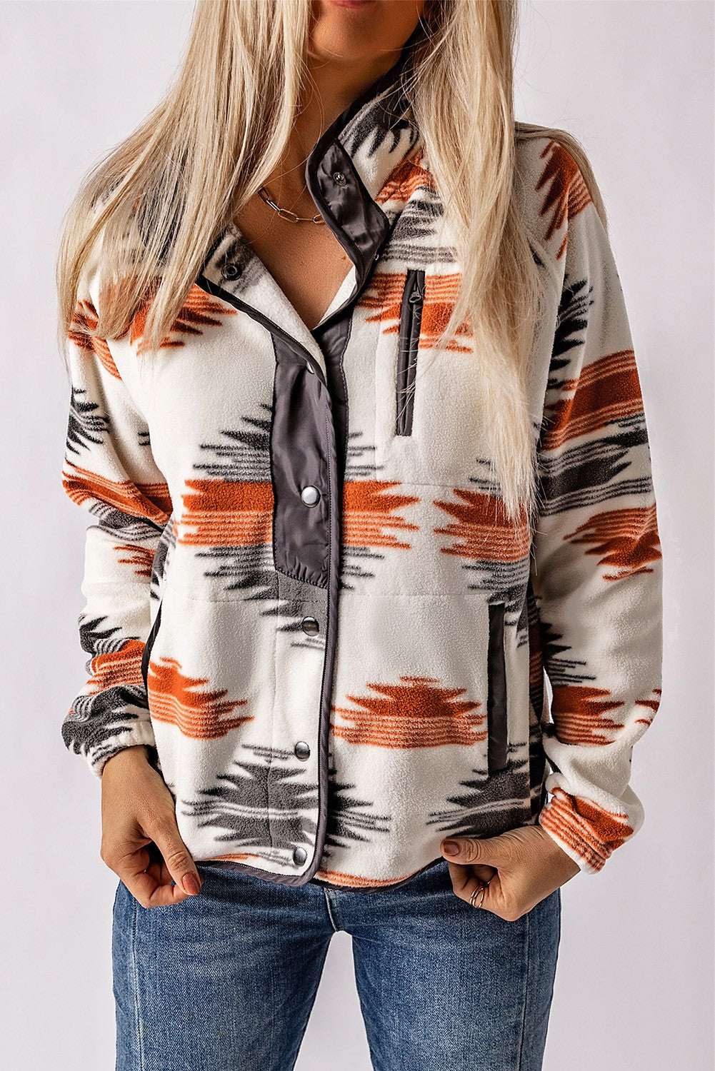 Gray Aztec Snap Buttoned Fleece