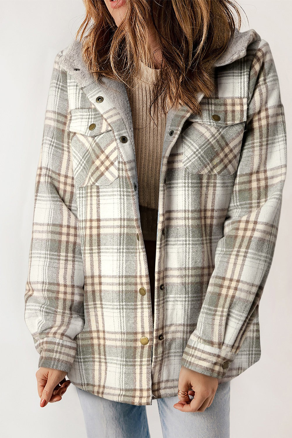 Gray Plaid Sherpa Hooded Shacket