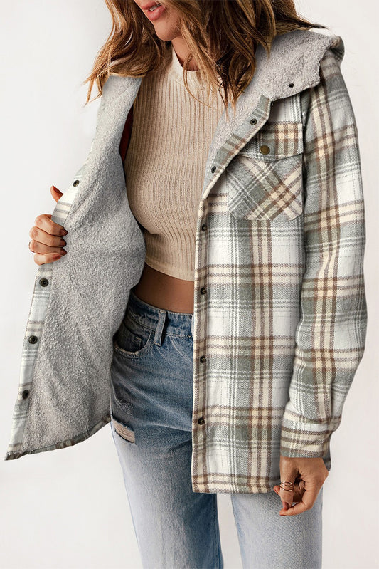 Gray Plaid Sherpa Hooded Shacket