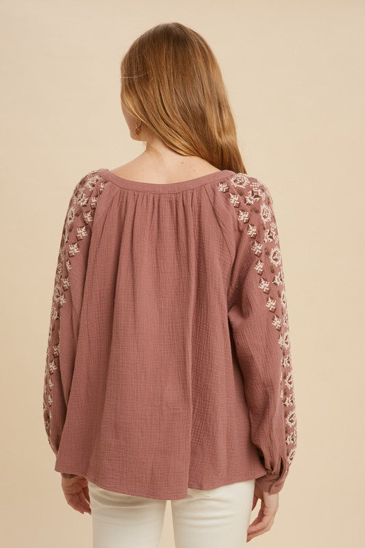 Mauve Embroidered Tie Neck Blouse