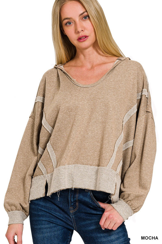 Mocha Raw Hem Hooded Sweater