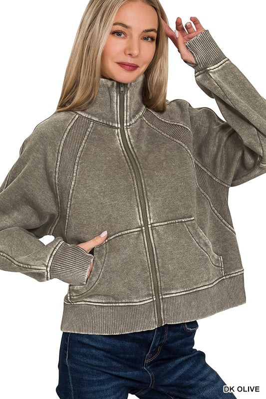 Olive Acid Wash Zip Up